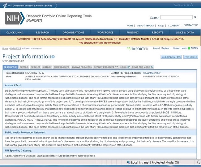 Screen Shot: NIH Research Portfolio Online Reporting Tools, A Needle in a Haystack: New Approaches to Alzheimer's Drug Discovery From Natural. See NOTE for URL.