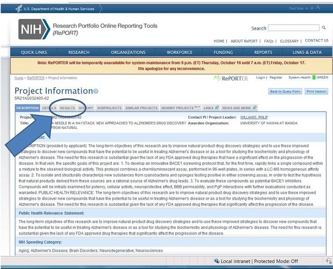 Screen Shot: NIH Research Portfolio Online Reporting Tools, A Needle in a Haystack: New Approaches to Alzheimer's Drug Discovery From Natural. Results circled. See NOTE for URL.