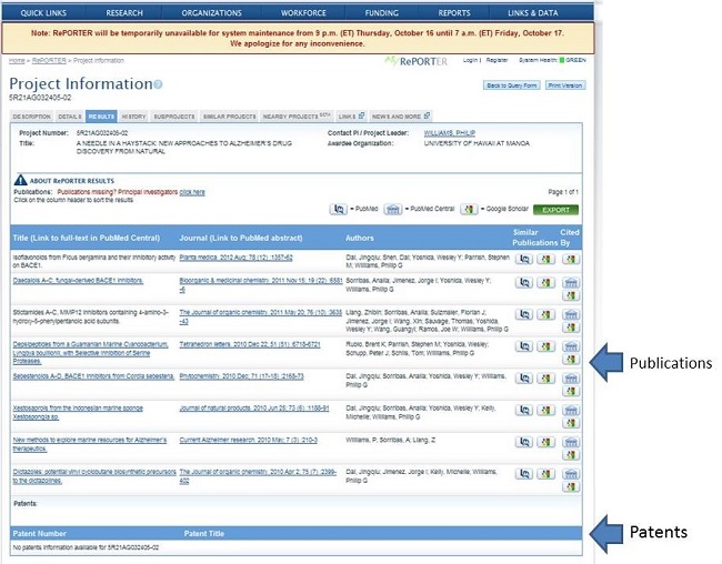Screen Shot: NIH Research Portfolio Online Reporting Tools, A Needle in a Haystack: New Approaches to Alzheimer's Drug Discovery From Natural Results. See NOTE for URL.
