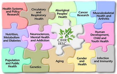 Puzzle Pieces: Top Row -- Health Systems and Policy Research, Circulatory and Respiratory Health, Aboriginal Peoples' Health, Cancer Research, Musculoskeletal Health and Arthritis; Middle Row: Nutrition, Metabolism and Diabetes; Neurosciences, Mental Health and Addiction; CIHR IRSC; Human Development, Child and Youth Health. Bottom Row: Population and Public Health, Genetics, Aging, Gender and Health, Infection and Immunity.