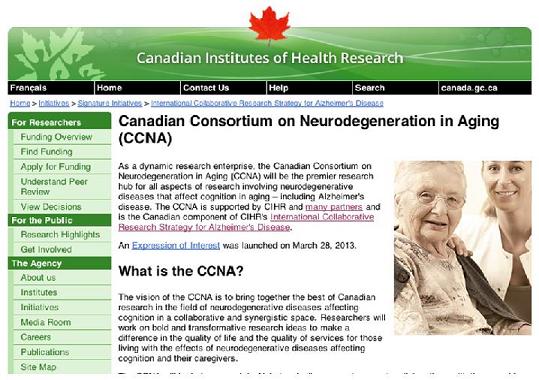 Screen shot for Canadian on Neurodegeneration in Aging (CCNA)