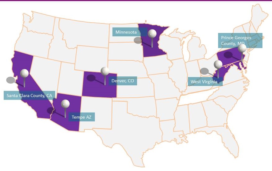 United States map showing push pins in California (Santa Clara County), Arizona (Tempe), Colorado (Denver), Minnesota, West Virginia, Maryland (Prince Georges County).