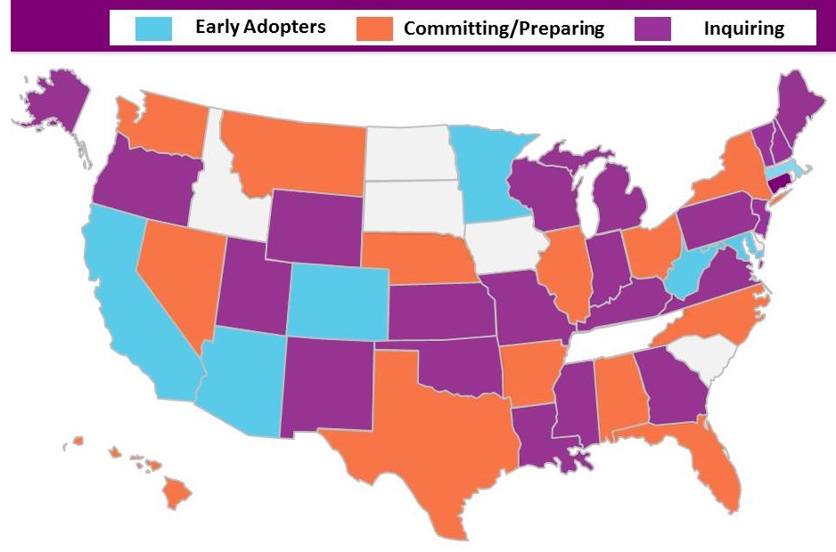 United States map showing Early Adopters, Committing/Preparing, and Inquiring states.