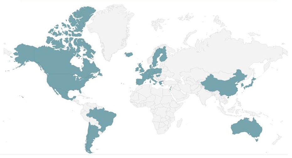 World map with areas staded green showing where indexed projects are located.