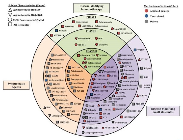 Complicated diagram discussing Symptomatic Agents, Disease-Modifying Immunotherapy, and Disease-Modifying Small Molecules. Listen to session video for explanation.