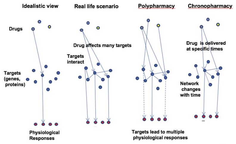 Complicated diagram discussing Idealistic view, Real life scenario, Polypharmacy, and Chronopharmacy. Listen to session video for explanation.