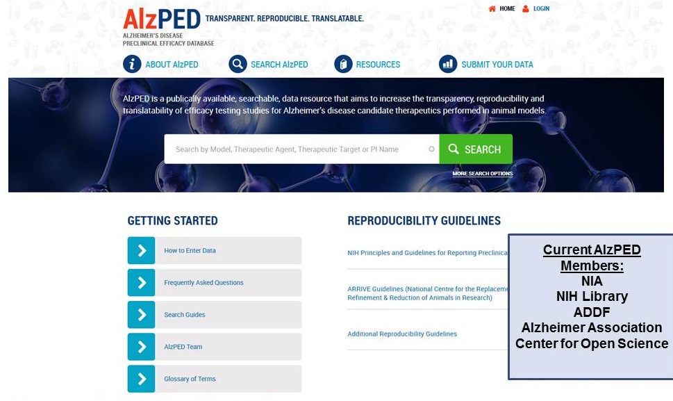 Screen shot of Alzheimer’s Disease Preclinical Efficacy Database home page.