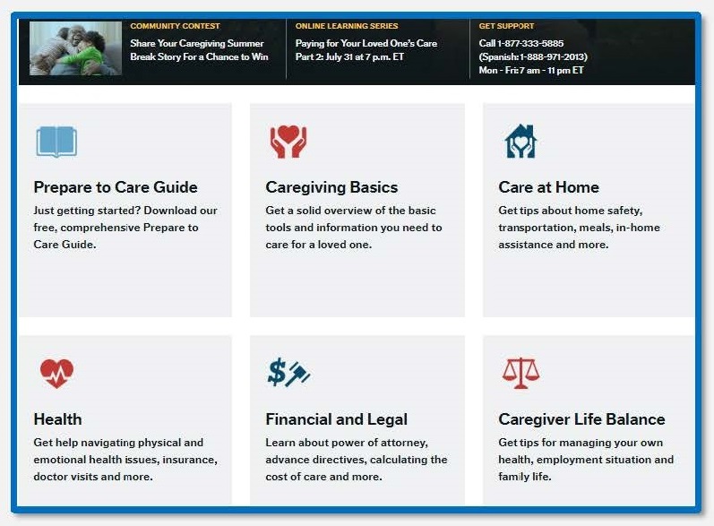 Screen shot of AARP Caregiving page.