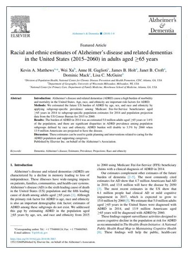 Article cover: Racial and ethnic estimates of Alzheimer's disease and related dementias in the United States (2015–2060) in adults aged greater than or equal to 65 years.