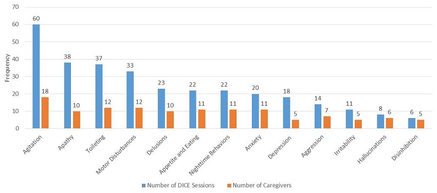 Bar chart: Agitation--# of DICE Sessions (60), # of Caregivers (18); Apathy--# of DICE Sessions (38), # of Caregivers (10); Toileting--# of DICE Sessions (37), # of Caregivers (12); Motor Disturbances--# of DICE Sessions (33), # of Caregivers (12); Delusions--# of DICE Sessions (23), # of Caregivers (10); Appetite/Eating--# of DICE Sessions (22), # of Caregivers (11); Nighttime Behaviors--# of DICE Sessions (22), # of Caregivers (11); Anxiety--# of DICE Sessions (20), # of Caregivers (11); Depression--# of DICE Sessions (18), # of Caregivers (5); Aggression--# of DICE Sessions (14), # of Caregivers (7); Irritability--# of DICE Sessions (11), # of Caregivers (5); Hallucinations--# of DICE Sessions (8), # of Caregivers (6); Disinhibition--# of DICE Sessions (6), # of Caregivers (5).