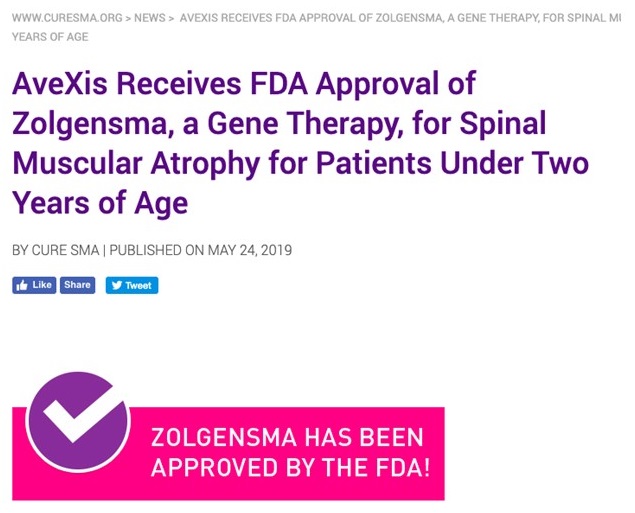 Screen shot of the article AveXis Receives FDA Approval of Zolgensma, a Gene Therapy, for Spinal Muscular Atrophy for Patients Under Two Years of Age.