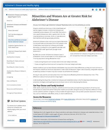 Screen shot of CDC website page on Minorities and Women Are at Greater Risk for Alzheimer's Disease.