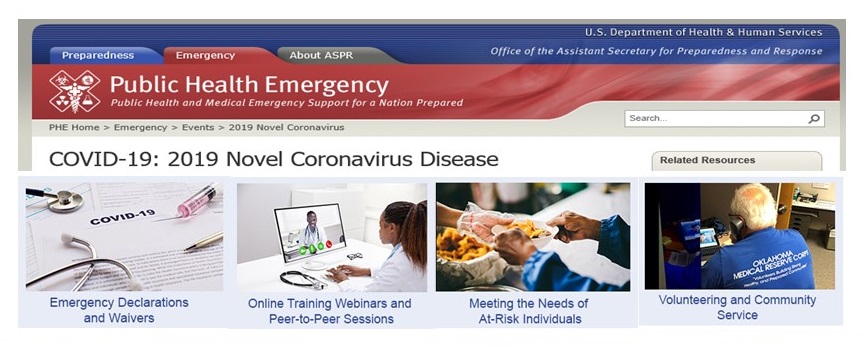 Public Health Emergency COVID-19 Home Page screen shot.