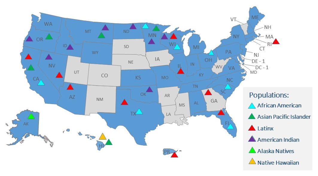 State Map with different colored triangles showing ACL-funded ADRD programs directed towards the populations African American, Asian Paific Islander, Latinx, American Indian, Alaska Native, Native Hawaiian.