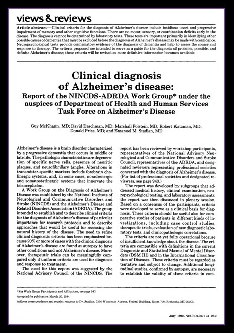 Screen shot of the paper Clinical diagnosis of Alzheimer's disease: Report of the NINCDS-ADRDA Work Group under the auspices of Department of Health and Human Services Task Force on Alzheimer's Disease.